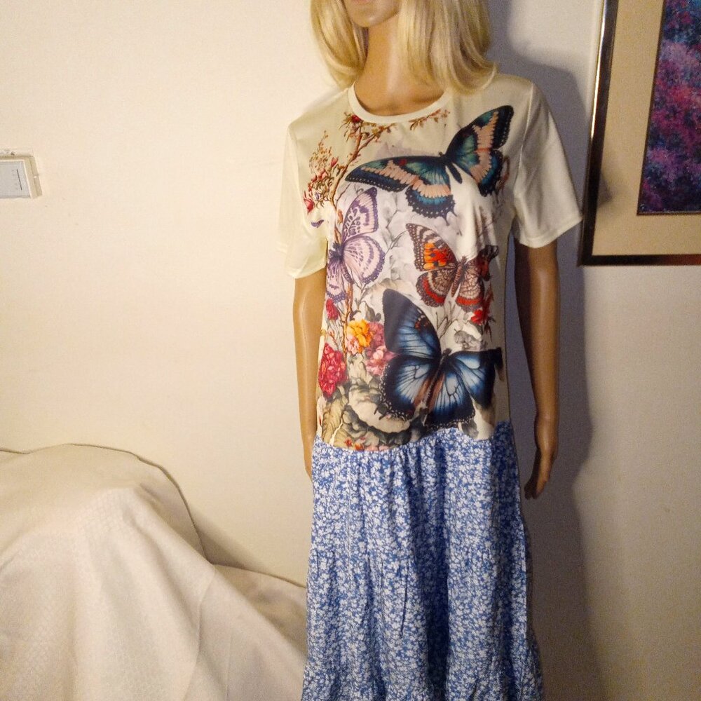 Dress Butterflies Blue Calico Tiered Skirt L - XL White Tee Upcycled New
